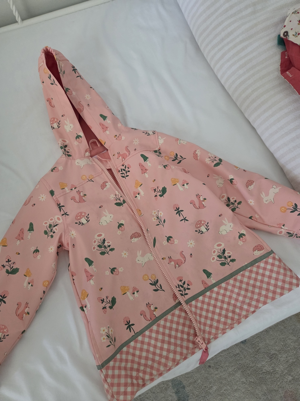 Girls' Pink Hooded Rain Jacket with Woodland Print